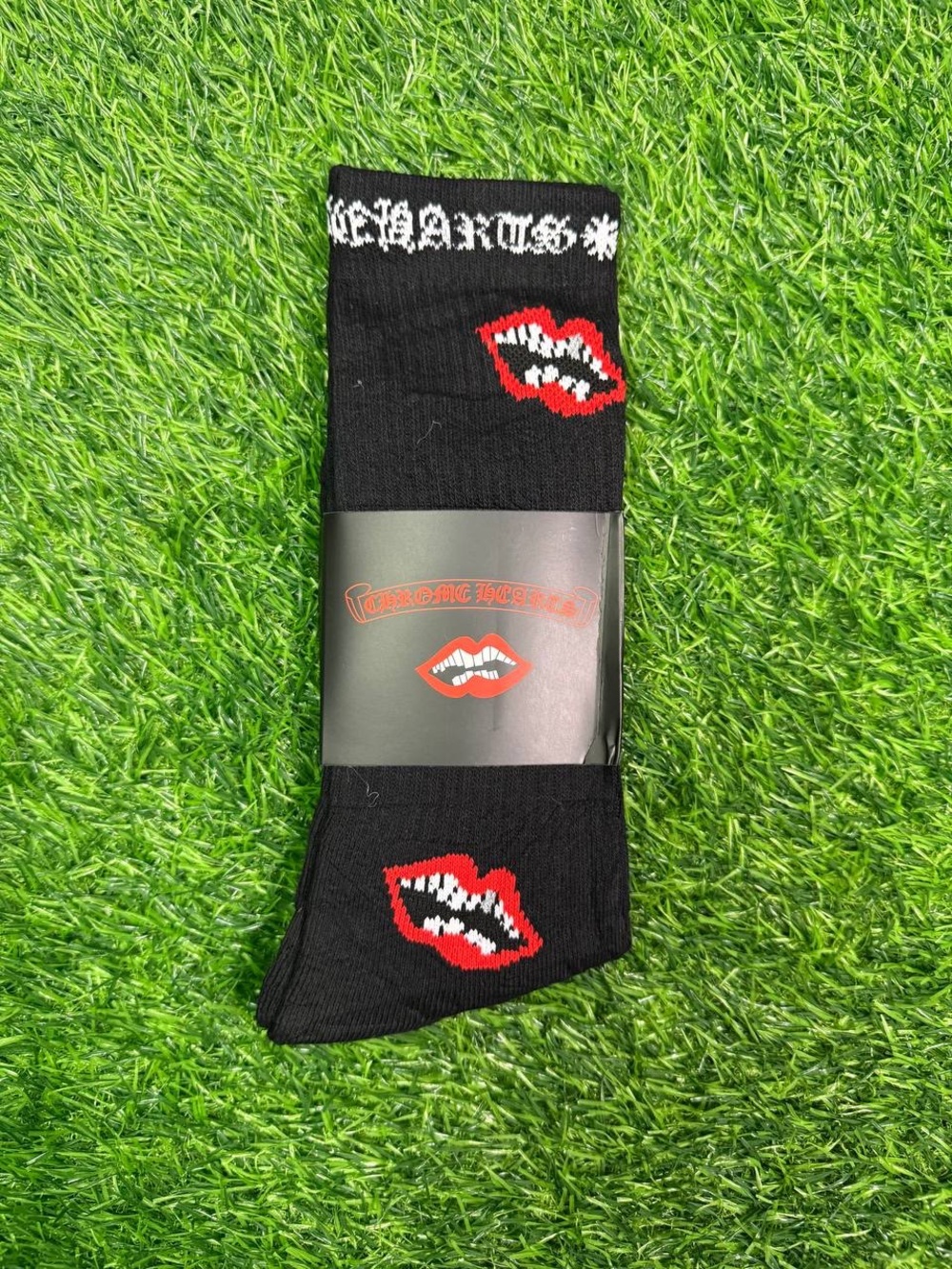 Chrome Hearts Black Crew Socks with Red Lip Graphic